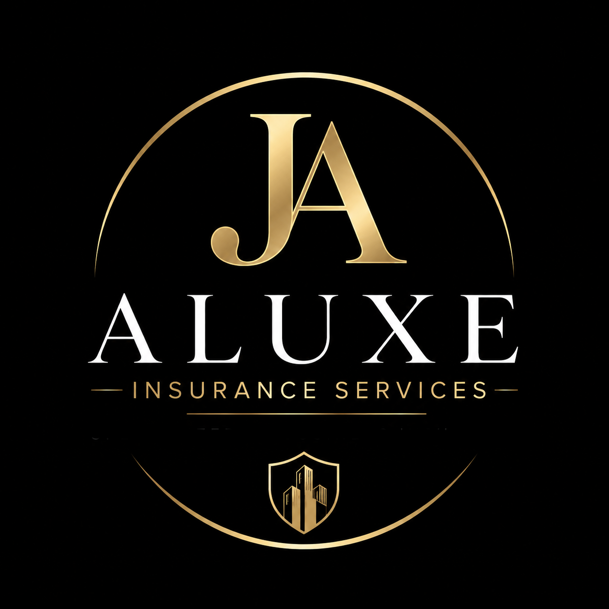Aluxe Insurance Services elegant gold circular corporate logo on a solid black background