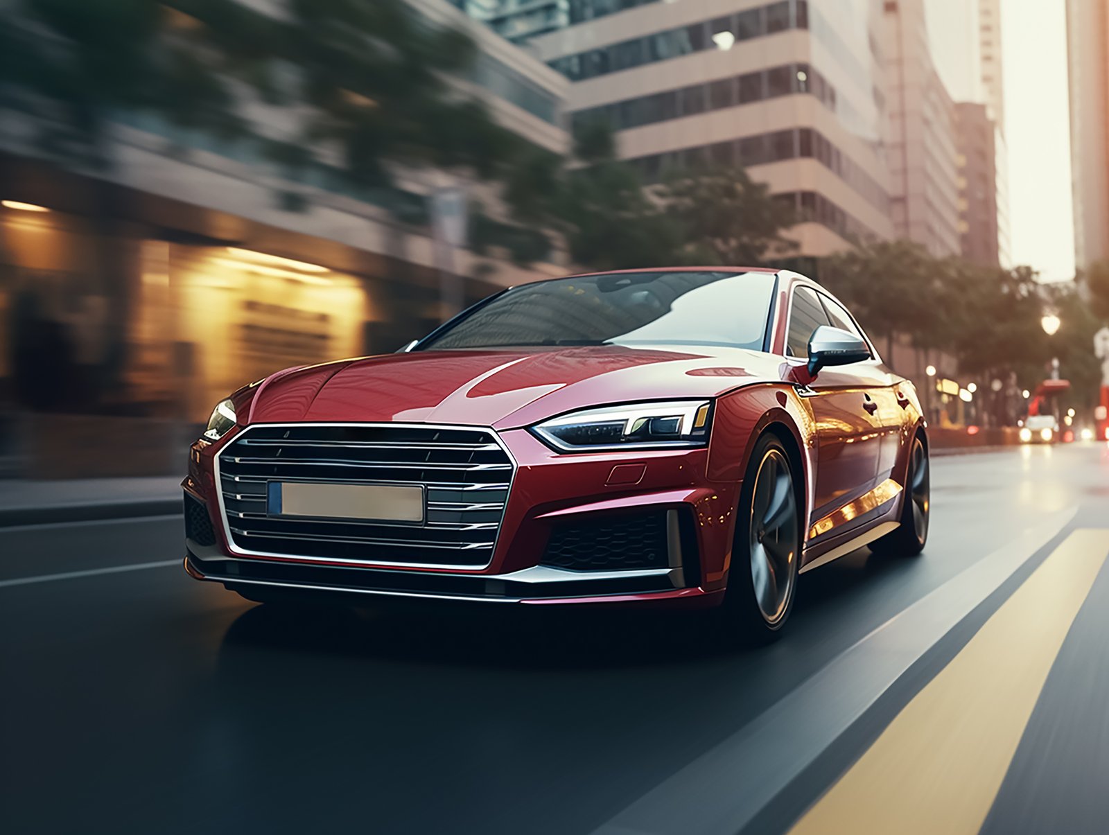 A red modern sedan driving down a clean city street at twilight