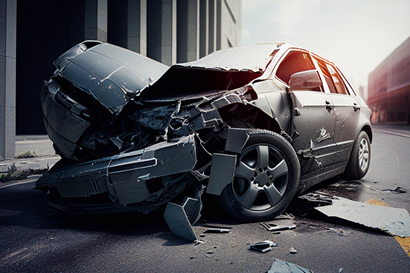 A severe car accident scene featuring a heavily damaged grey sedan crushed at the front on a city street