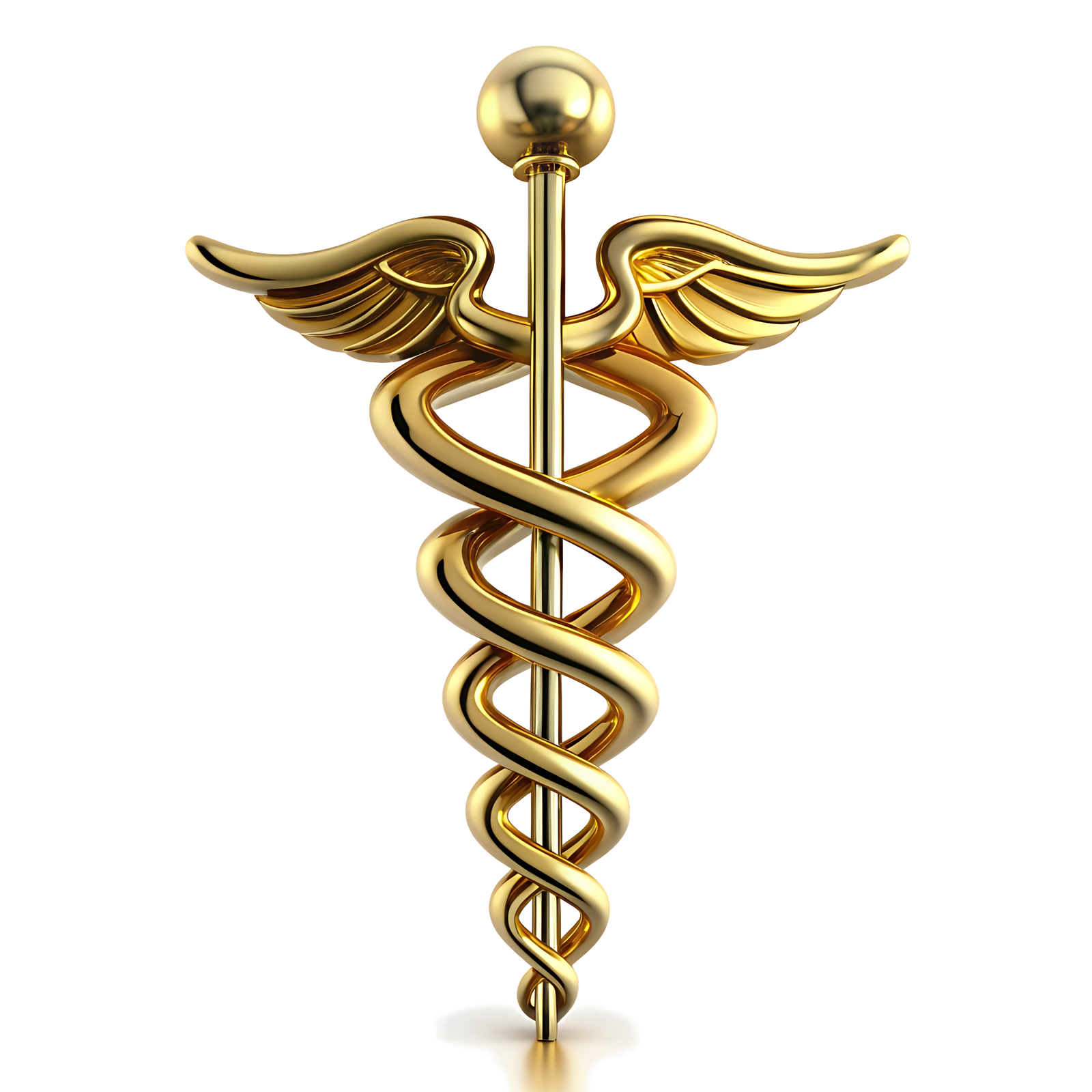A gleaming golden Caduceus medical symbol with wings and two snakes wrapped around a central staff, isolated on a white background