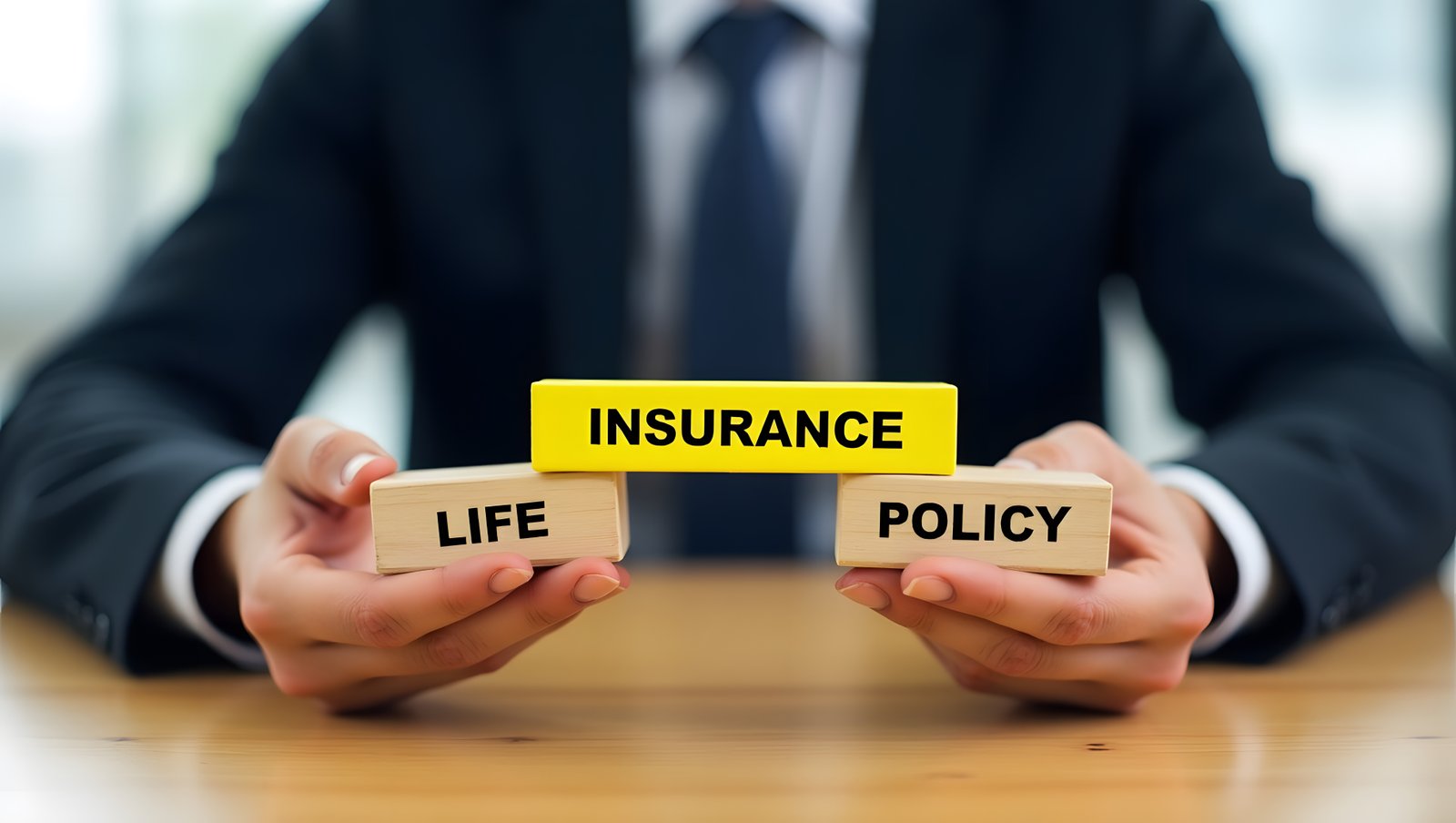 A comprehensive insurance desk layout featuring wooden family figurines, a toy house, and a model car protected under a black umbrella next to a stethoscope